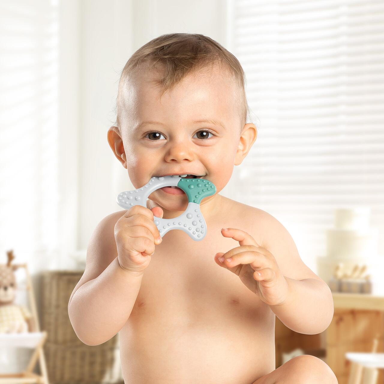 Inel de dentitie Star pentru bebelusi, din silicon, pentru masaj si calmare, 3+ luni, Reer 79233