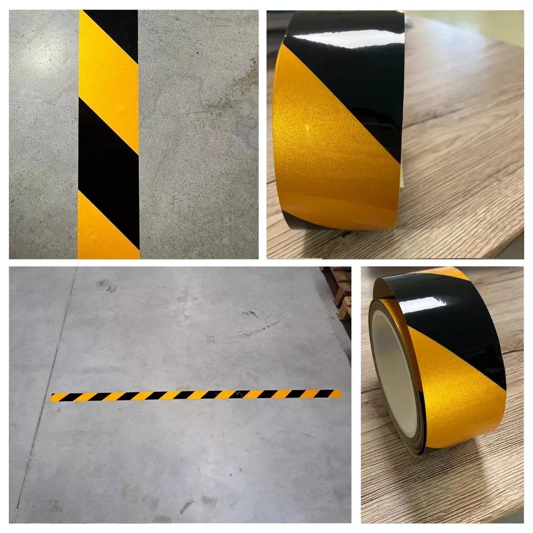 Banda reflectorizantă de marcare, adeziv poliacrilic, autoadeziva, 10m, negru/galben