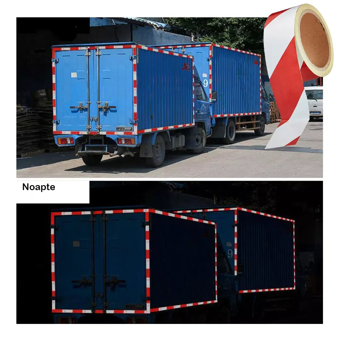 Banda reflectorizantă de marcare, din adeziv poliacrilic, autoadeziva, 10m, alb/rosu