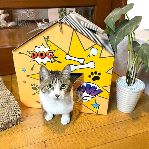 Casuta pentru pisici, din carton, albastru/portocaliu - Galben cu rosu