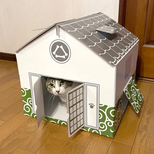 Casuta pentru pisici, din carton, alb/verde - Alb cu verde