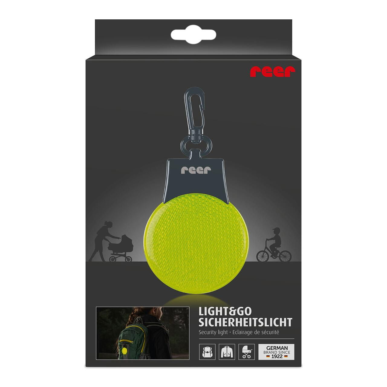 Lumina de siguranta LED reflectorizanta cu semnalizare intermitenta, verde fluorescent, cu carabina de agatare, Reer Light&Go 53253