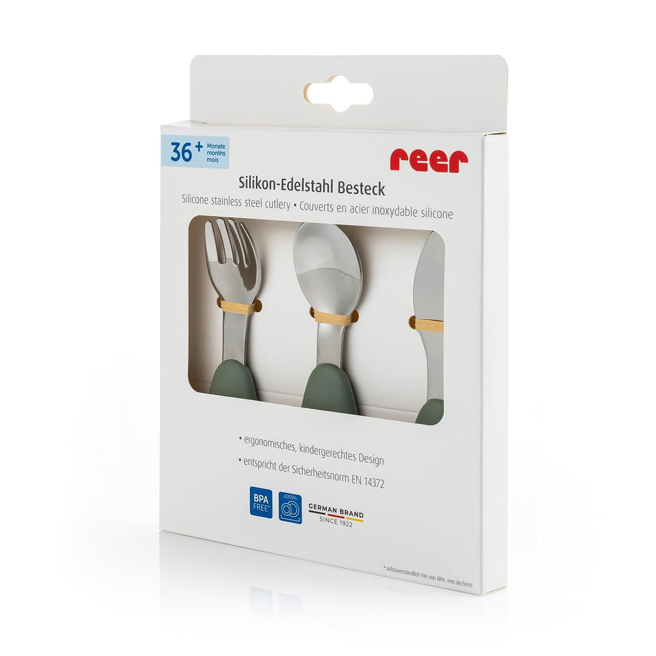 Set 3 tacamuri din otel inoxidabil (furculita, lingurita si cutit), manere din silicon, fara BPA, lavabile in masina de spalat vase, Reer 25133