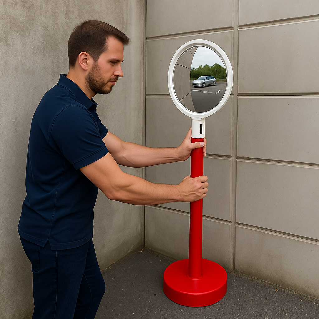 Stâlp delimitare cu suport si oglindă rutieră convexă – siguranță trafic