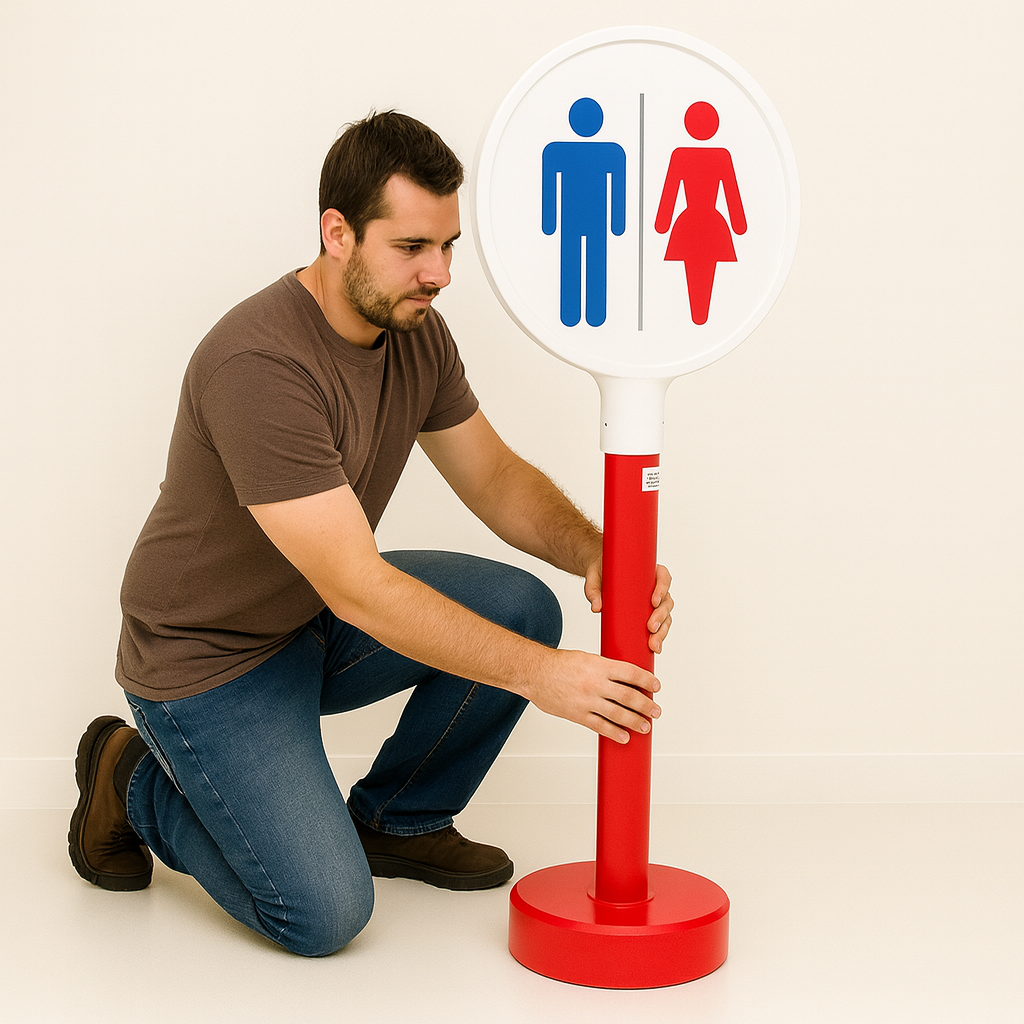 Stâlp delimitare cu suport și semn avertizare – semnalizare rapidă